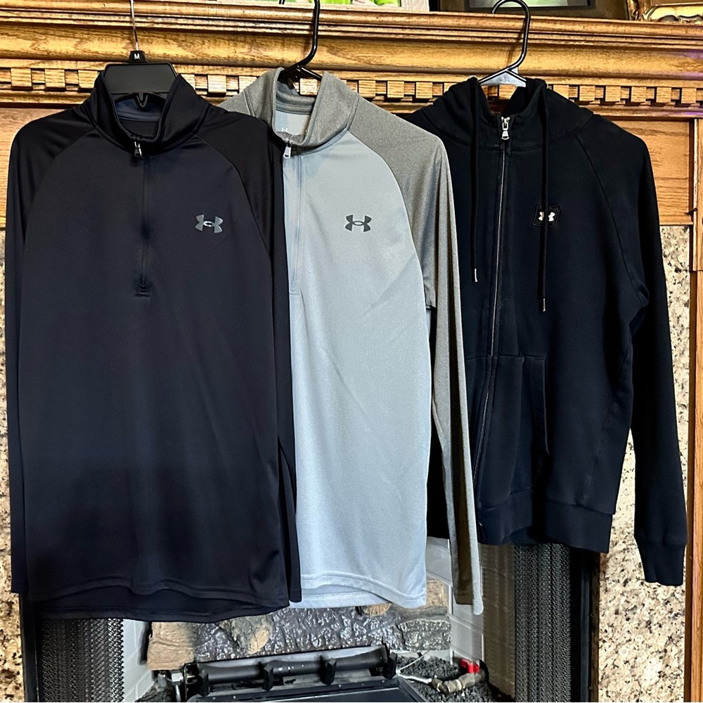 Under Armour Black and Gray Athletic Tops. 2 1/4 zip and 1 full zip hoodie.